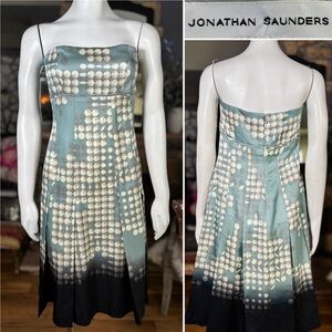 Jonathan Saunders Green Ombré Silk Satin Strapless Dress w/ Dot Design, Sz 8